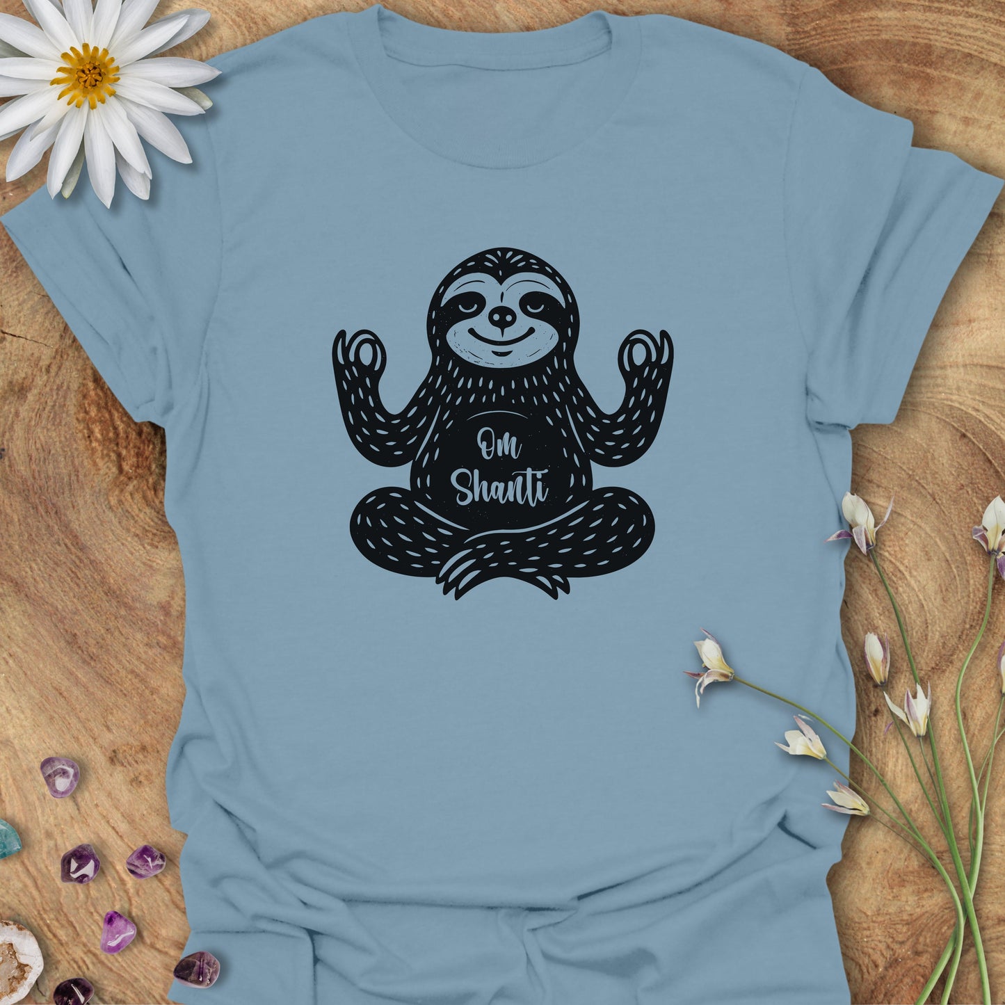 Om Shanti Sloth T-Shirt Stone Blue