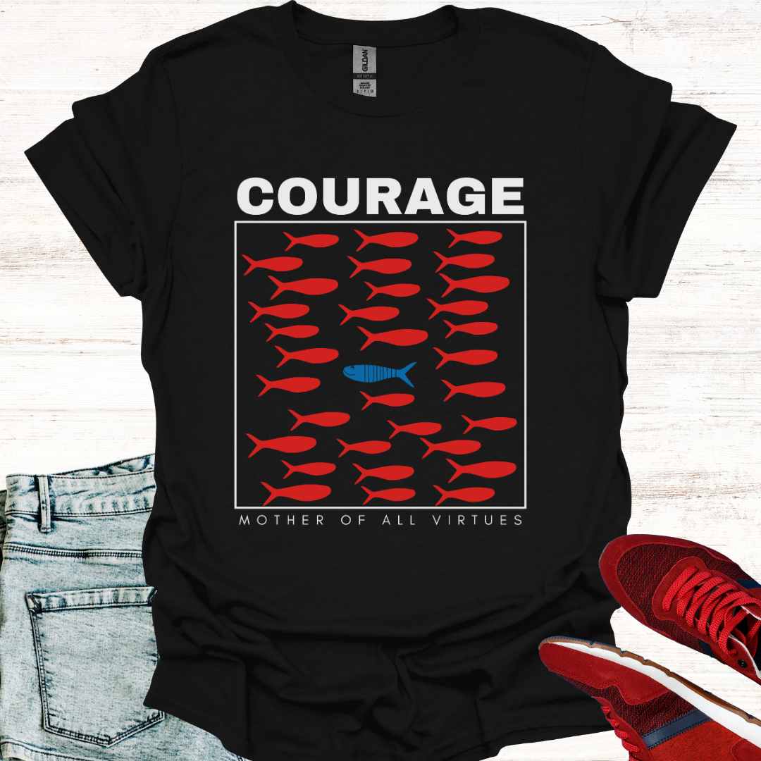 A black t-shirt featuring a design of red fish swimming, with a sole blue fish swimming against the current, symbolizing individuality, perseverance, and the courage to defy societal norms. It is accompanied by the phrase: Courage: Mother of All Virtues. This design is a powerful representation of strength in following your own unique path, even when it means going against the flow. Perfect for those who value independence, resilience, and self-discovery.