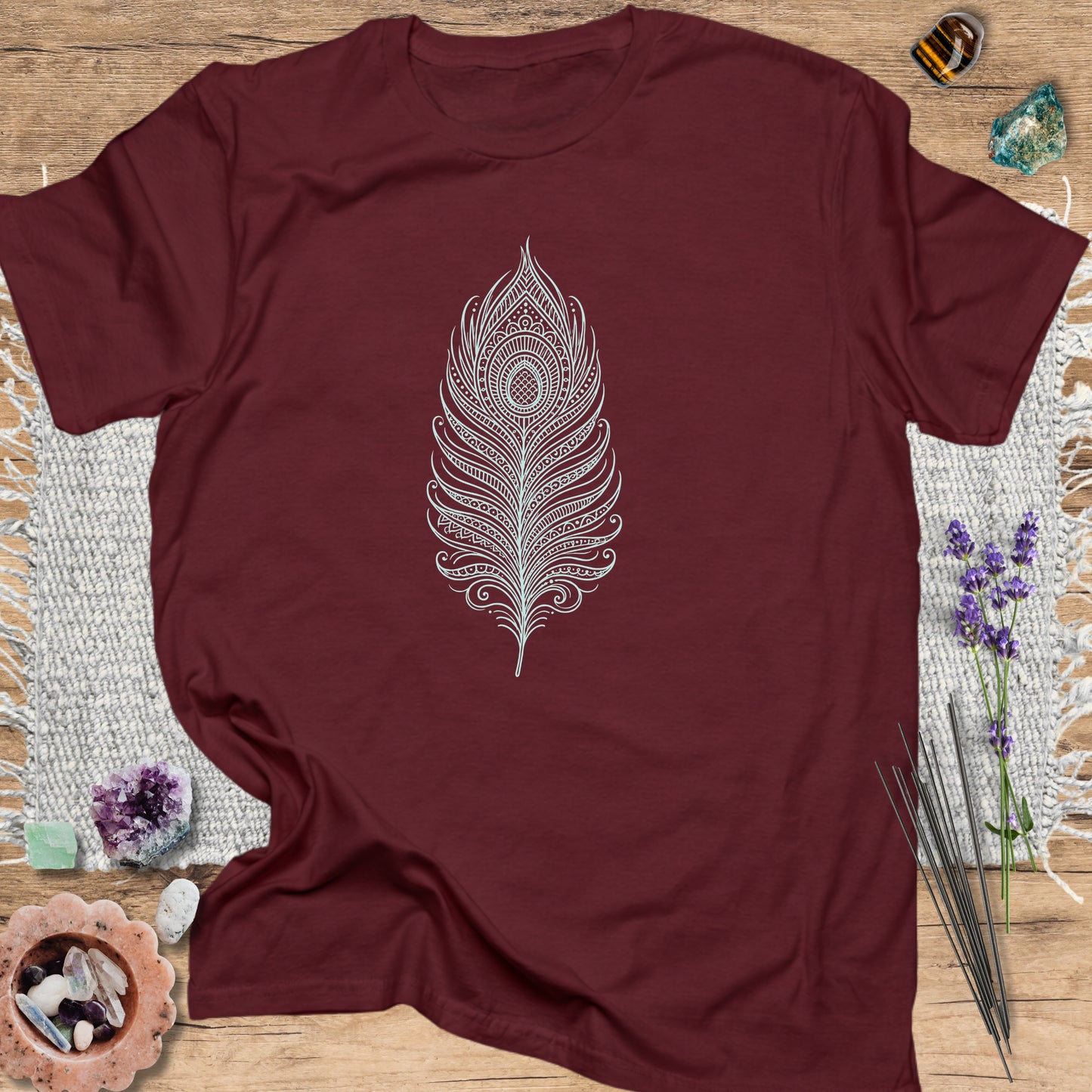 Peacock Feather T-Shirt Maroon
