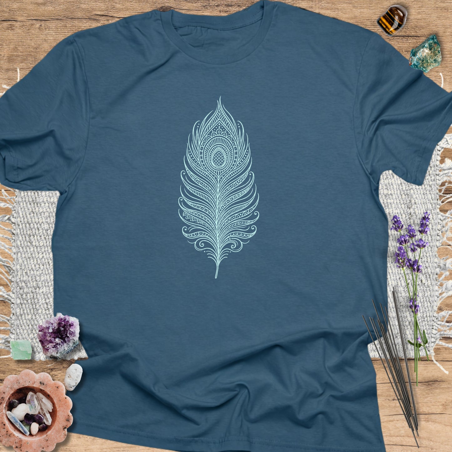 Peacock Feather T-Shirt Indigo Blue