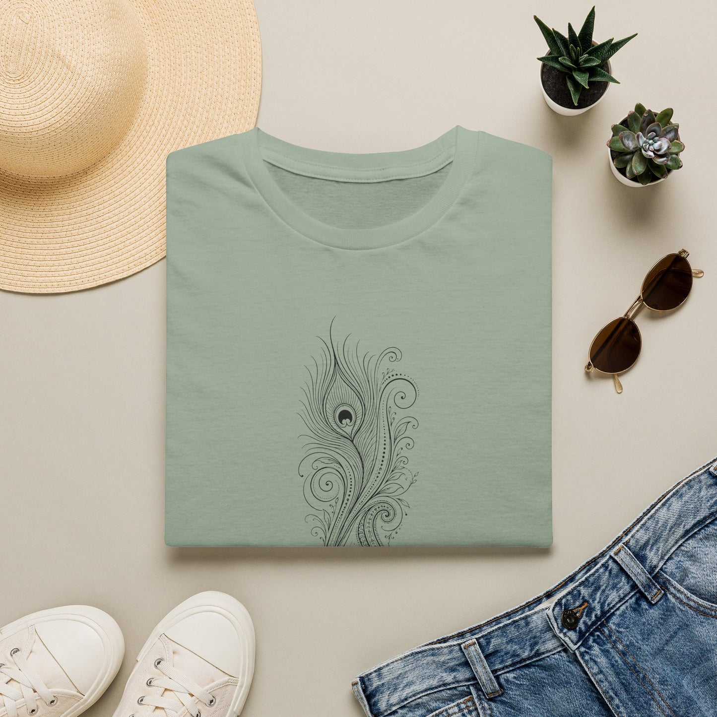 Peacock Feather Line Art Tee — Minimal Boho Graphic T-Shirt Sage