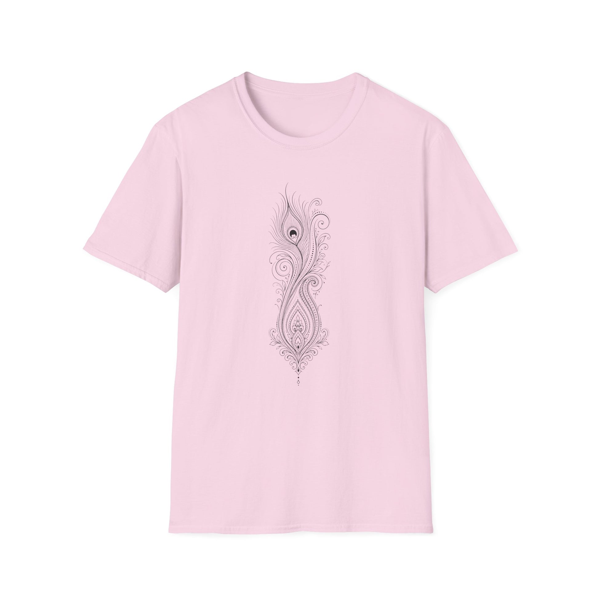 Peacock Feather Line Art Tee — Minimal Boho Graphic T-Shirt