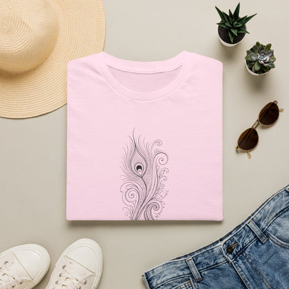 Peacock Feather Line Art Tee — Minimal Boho Graphic T-Shirt Light Pink
