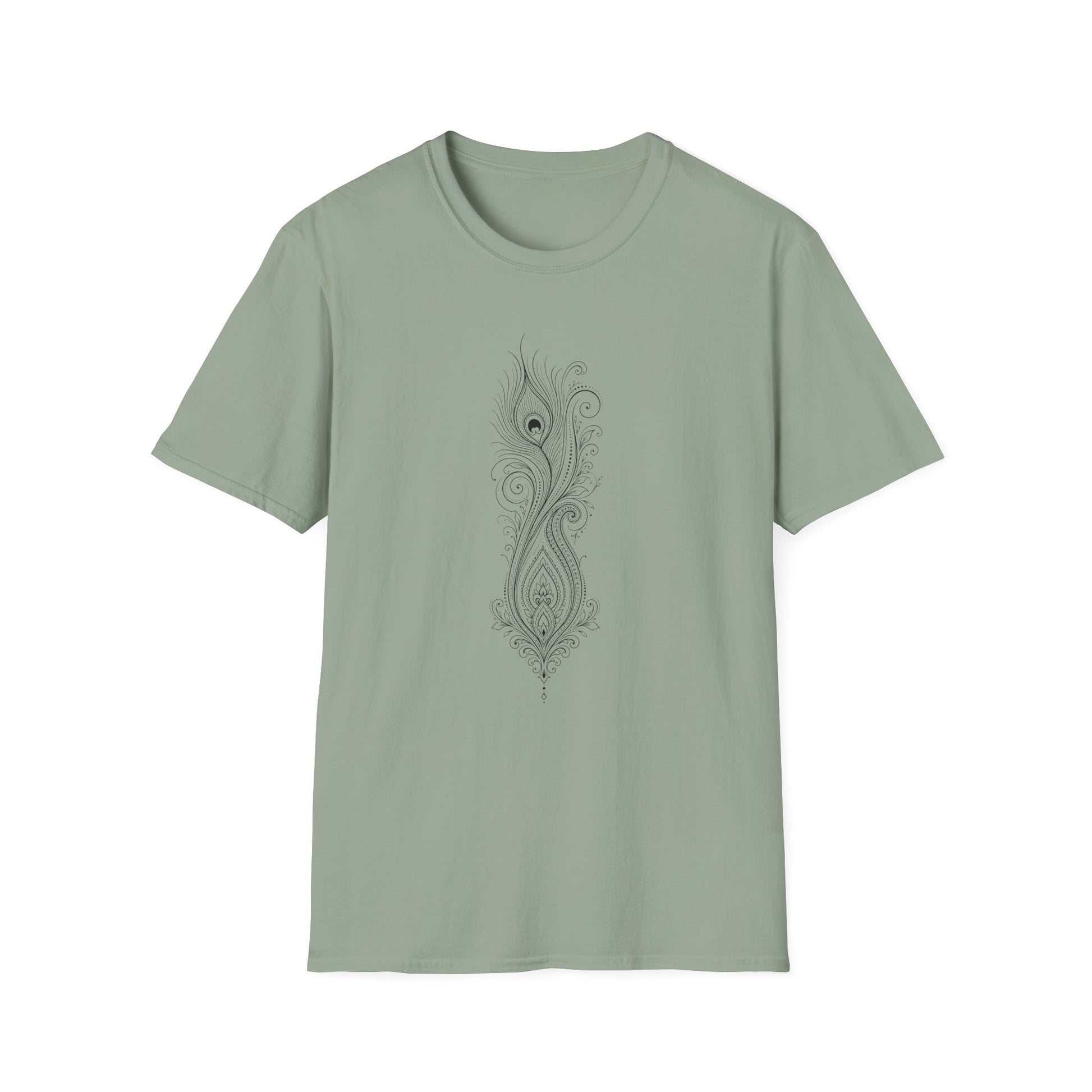 Peacock Feather Line Art Tee — Minimal Boho Graphic T-Shirt