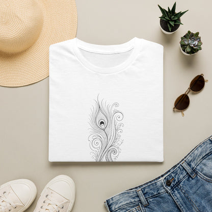 Peacock Feather Line Art Tee — Minimal Boho Graphic T-Shirt White