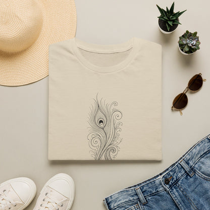 Peacock Feather Line Art Tee — Minimal Boho Graphic T-Shirt Sand