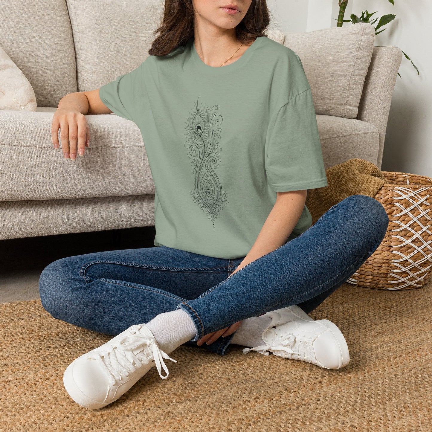 Peacock Feather Line Art Tee — Minimal Boho Graphic T-Shirt
