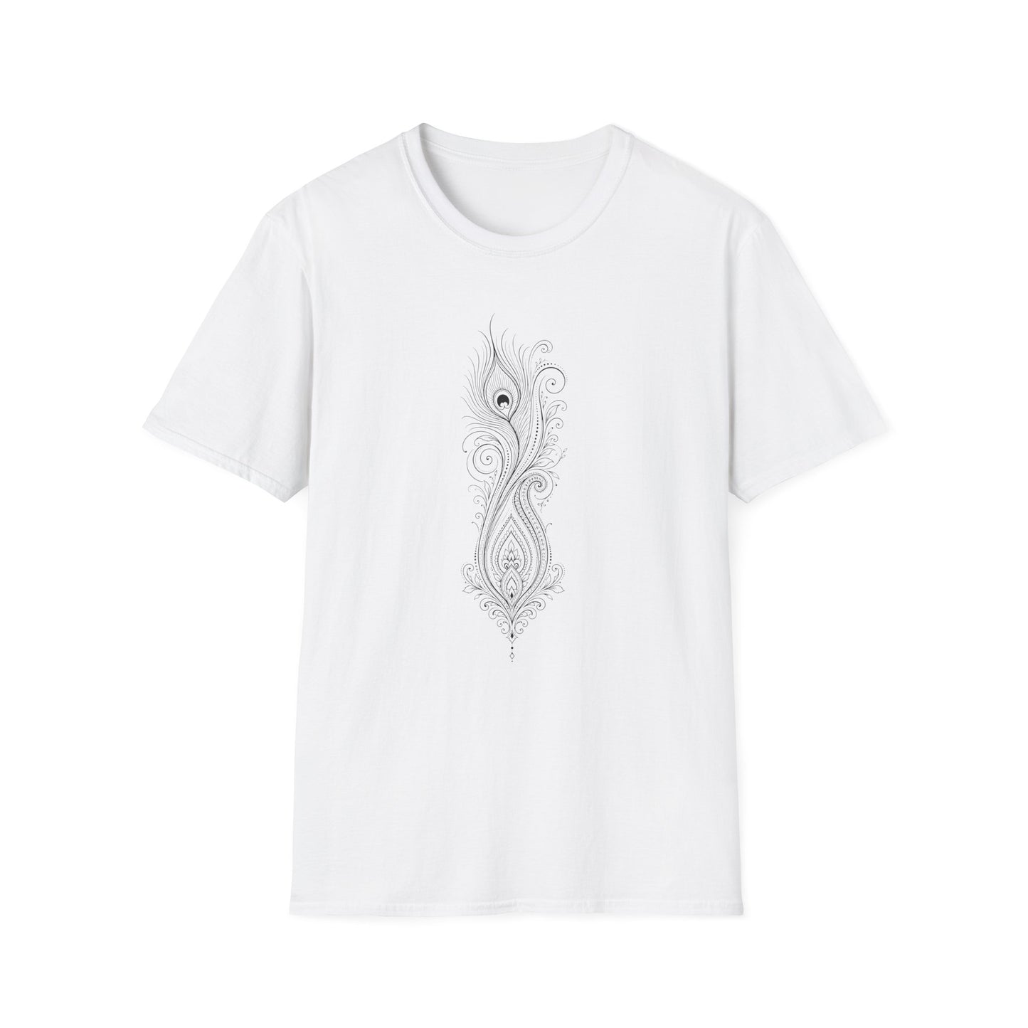 Peacock Feather Line Art Tee — Minimal Boho Graphic T-Shirt