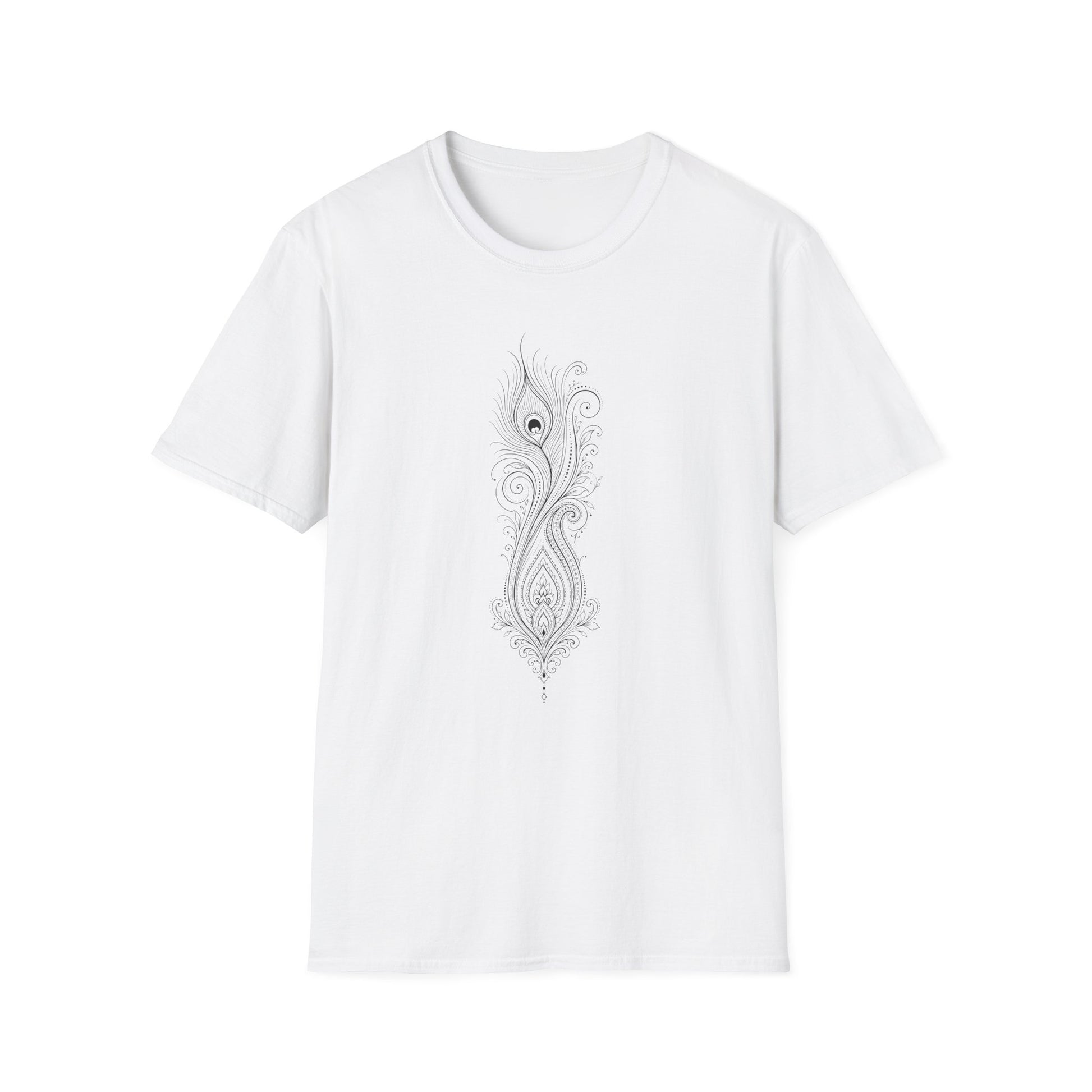 Peacock Feather Line Art Tee — Minimal Boho Graphic T-Shirt
