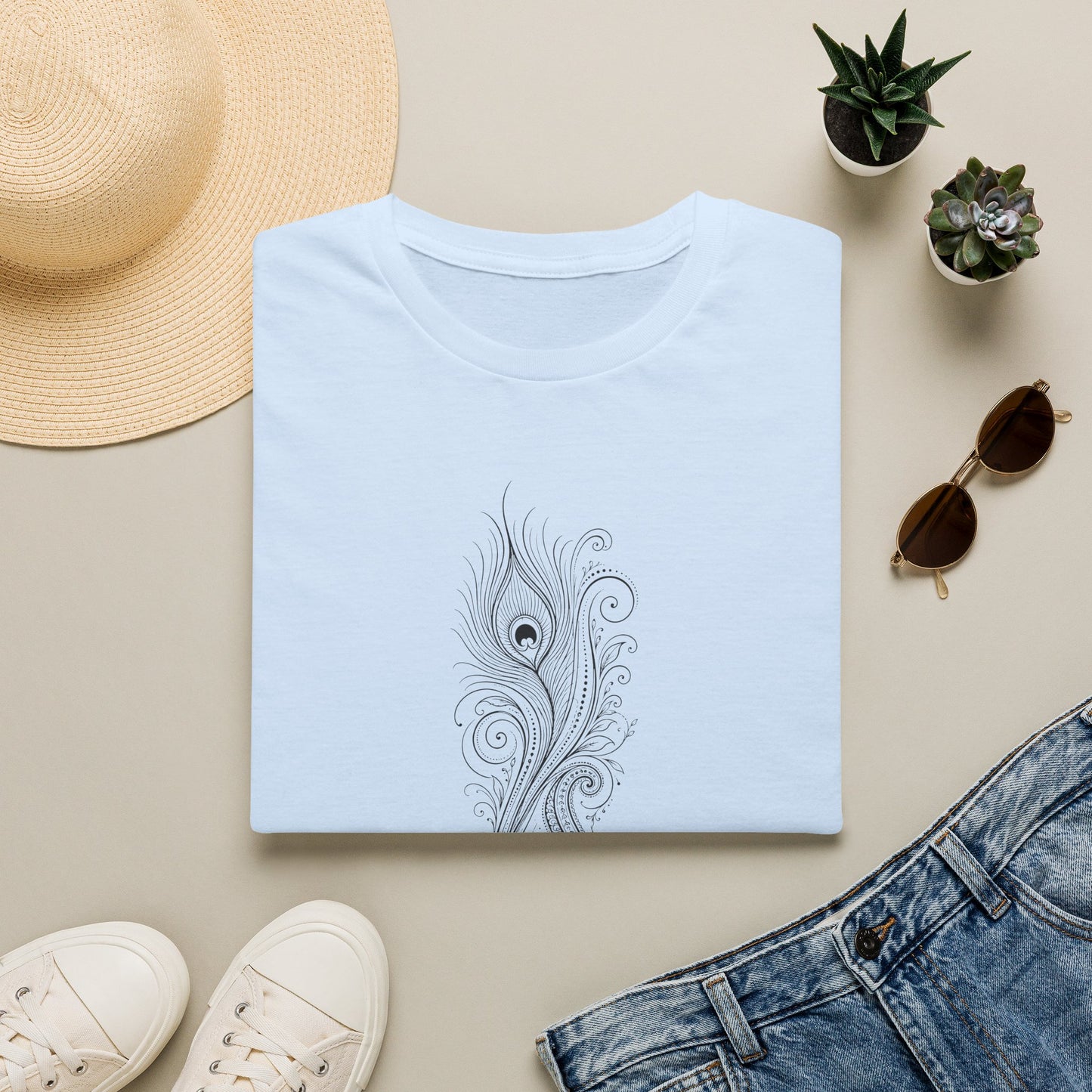 Peacock Feather Line Art Tee — Minimal Boho Graphic T-Shirt Light Blue