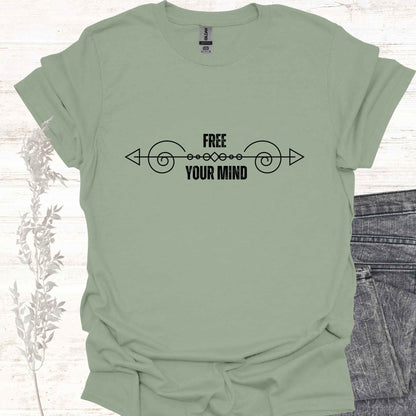 A green t-shirt featuring a design with a horizontal abstract line graphic symbolizing the flow of thought, paired with the phrase "Free Your Mind" in bold, modern typography. This design references the profound spiritual teaching that the mind itself is the only source of limitation and suffering. By transcending the patterns and constraints of the mind, one can experience true freedom, inner peace, and liberation. Perfect for those on a path of self-discovery, mindfulness, and spiritual growth.