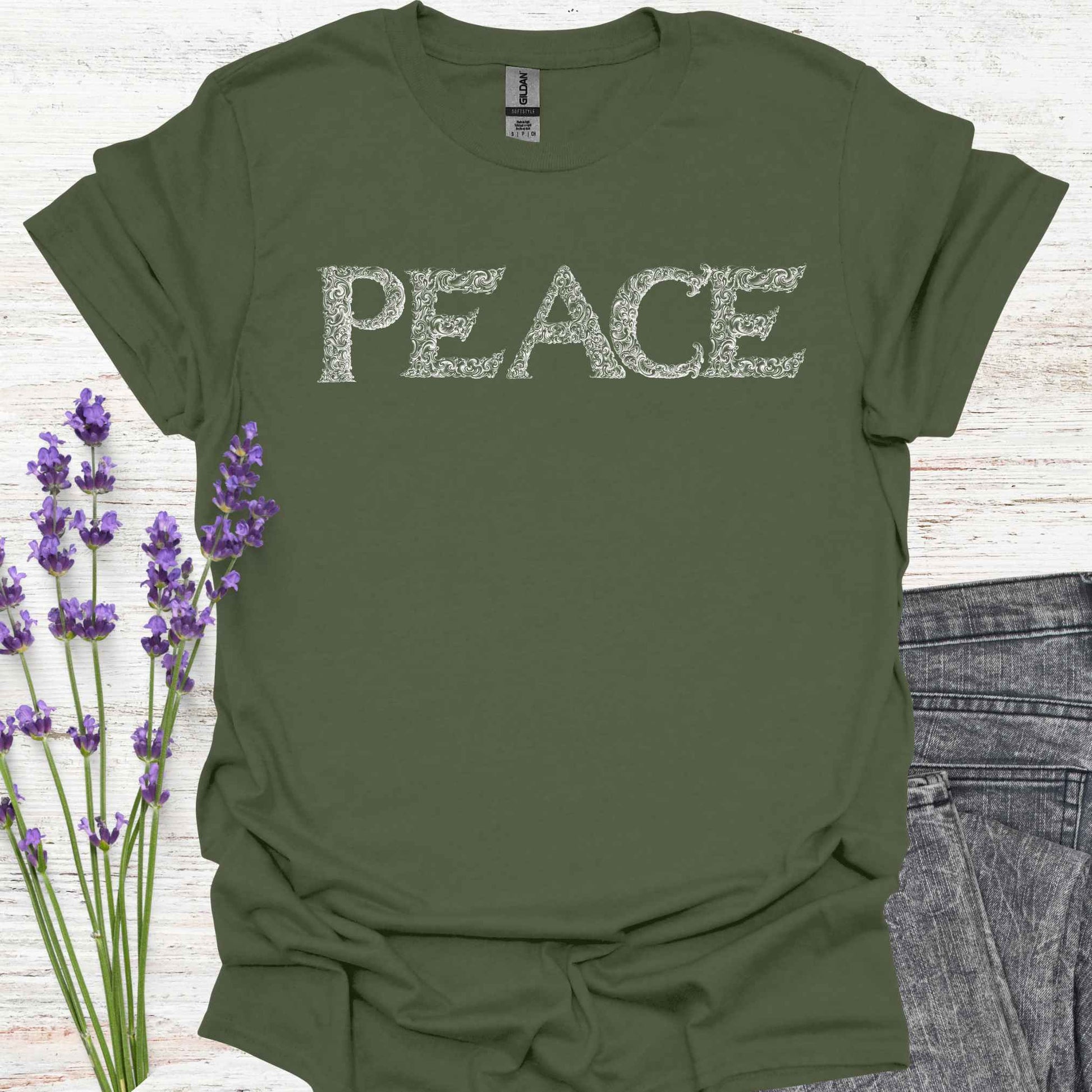 Military green t-shirt with stylized lettering of the word 'Peace' in a unique, artistic font. This design embodies the concept of inner peace, harmony, and tranquility. Perfect for those who value calmness, mindfulness, and positivity. A reminder to cultivate peace within and spread it to the world.